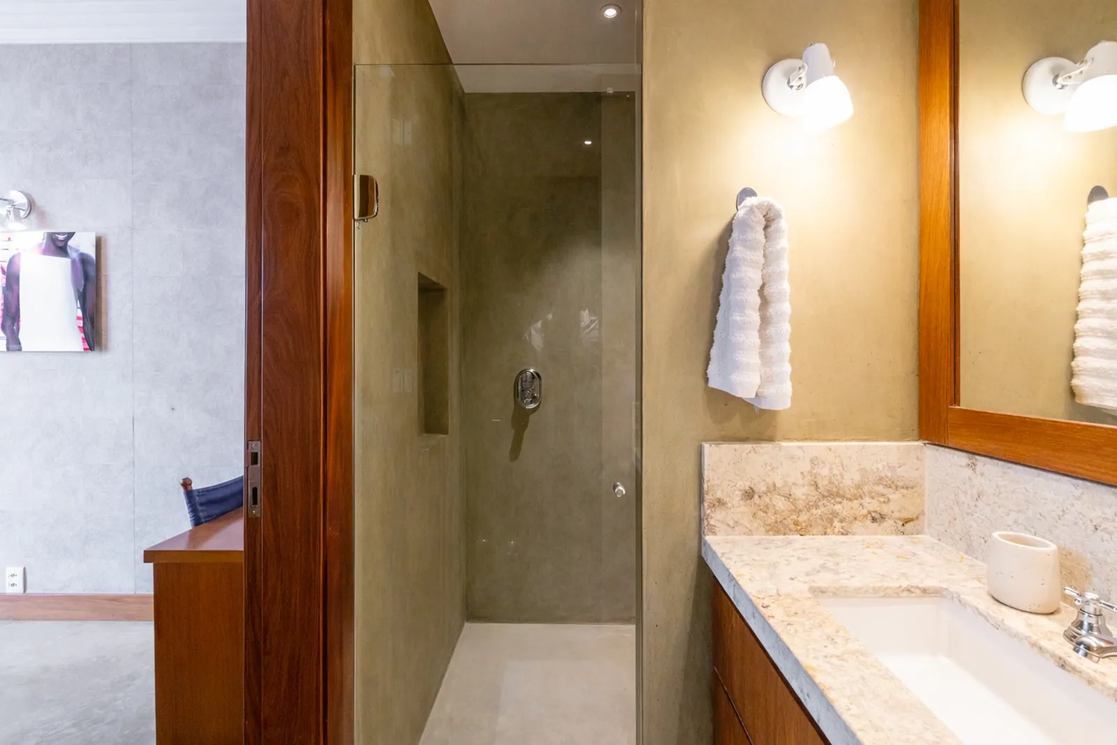 Bathroom with shower and double vanity